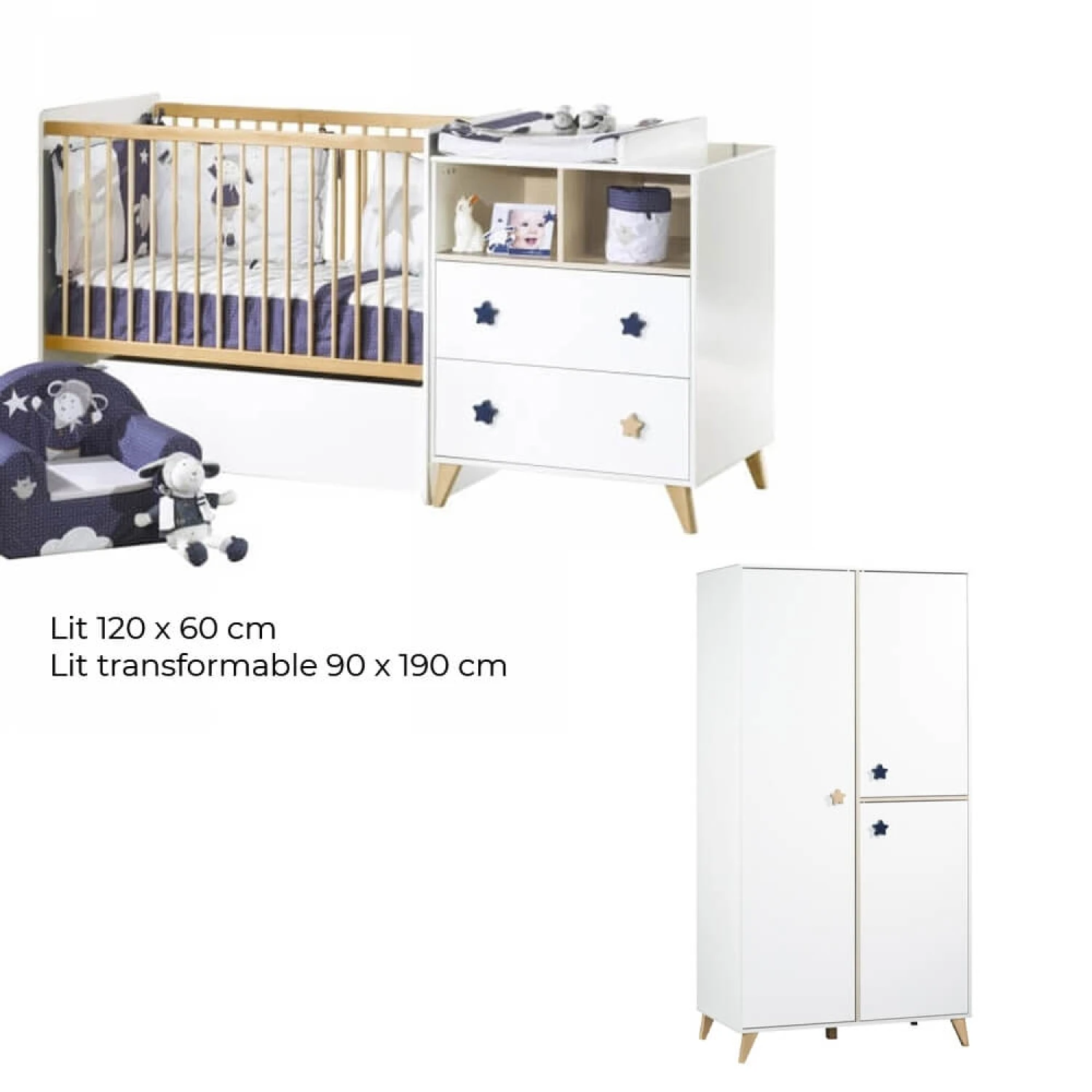 Chambre Duo Lit évolutif Bébé Combiné 60x120 Cm En 90x190 Cm + Armoire Oslo Etoile 4 Chambre Duo Lit évolutif Bébé Combiné 60x120 Cm En 90x190 Cm + Armoire Oslo Etoile – Image 2