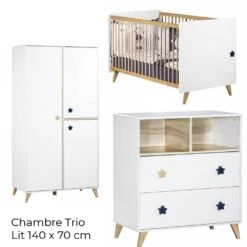 Chambre Trio évolutif Bébé Lit Little Big Bed 70x140 Cm + Armoire + Commode Oslo Etoile -Magasin De Périphériques Pour Enfants chambre trio lit little big bed 140 x 70 commode armoire oslo etoile sauthon meubles OG