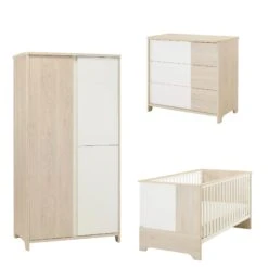 Chambre Trio Lit 70x140 Cm + Armoire + Commode Sacha Pin Blanchi